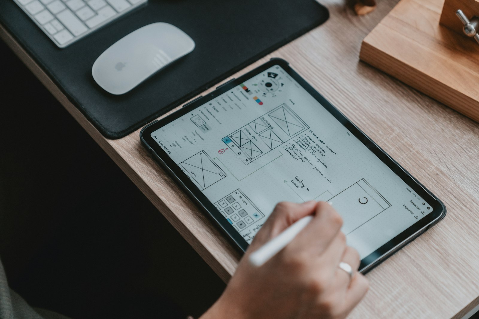 Designer sketching mobile app wireframes on a tablet with a stylus