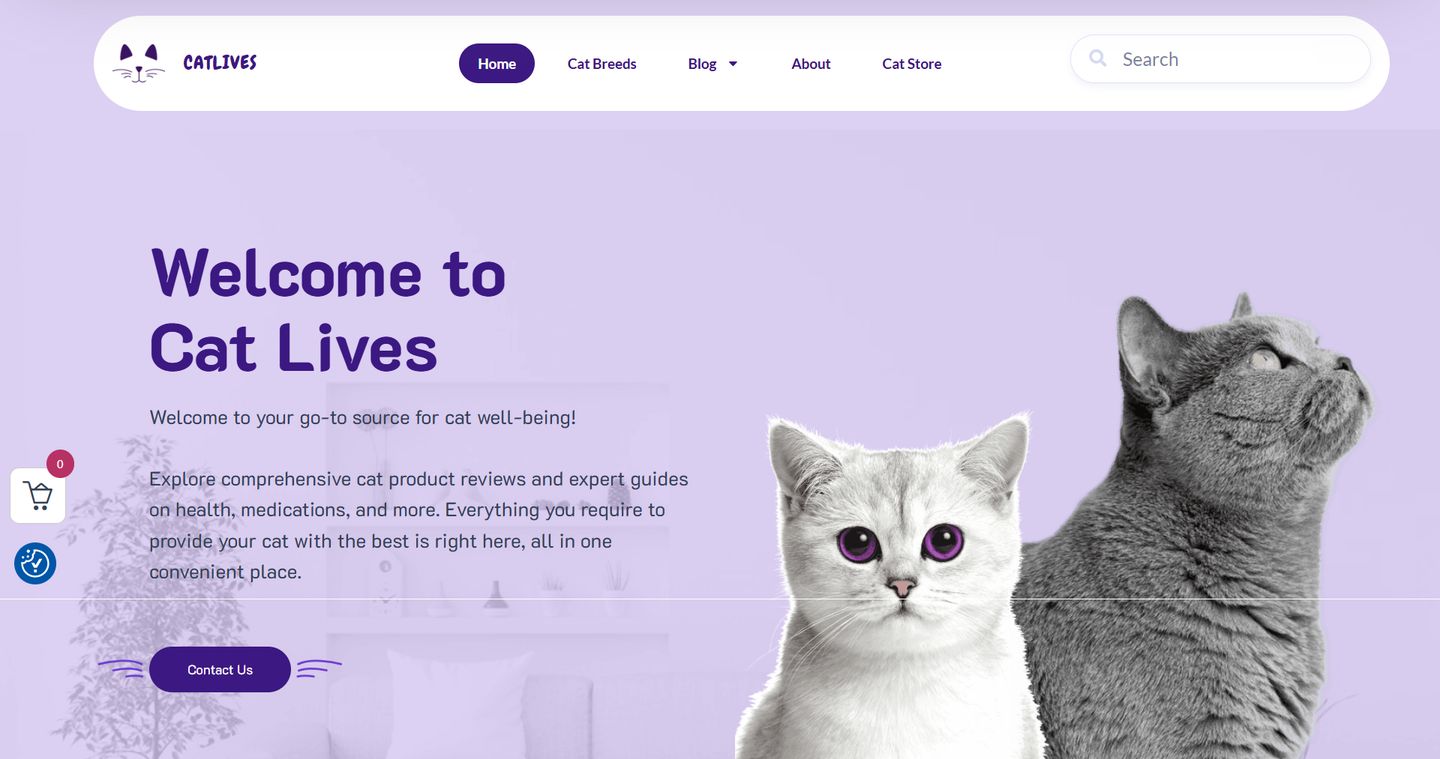 Cat Lives Homepage page shown in a desktop frame