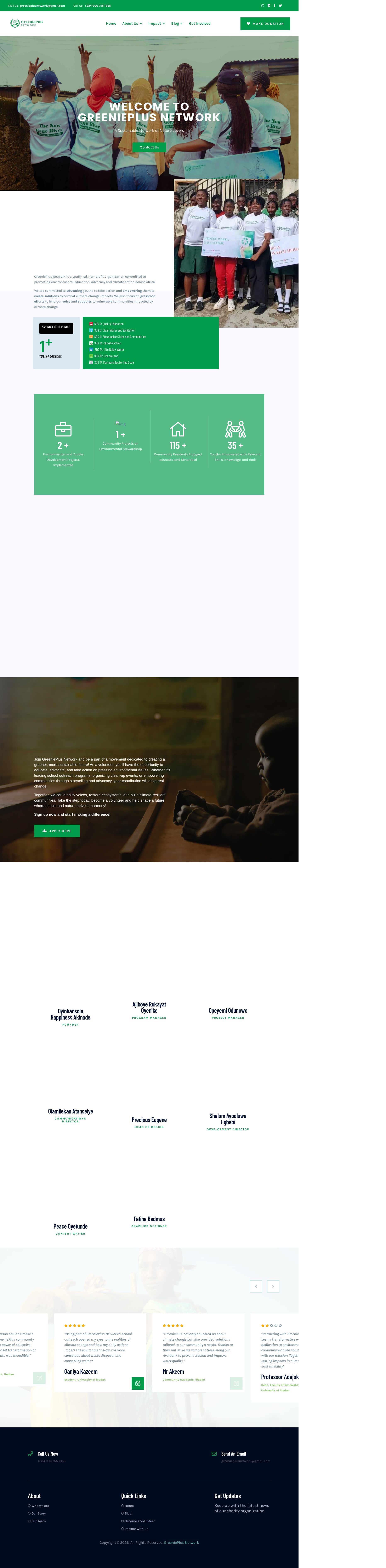 Greenie Plus Network Homepage page shown in a desktop frame