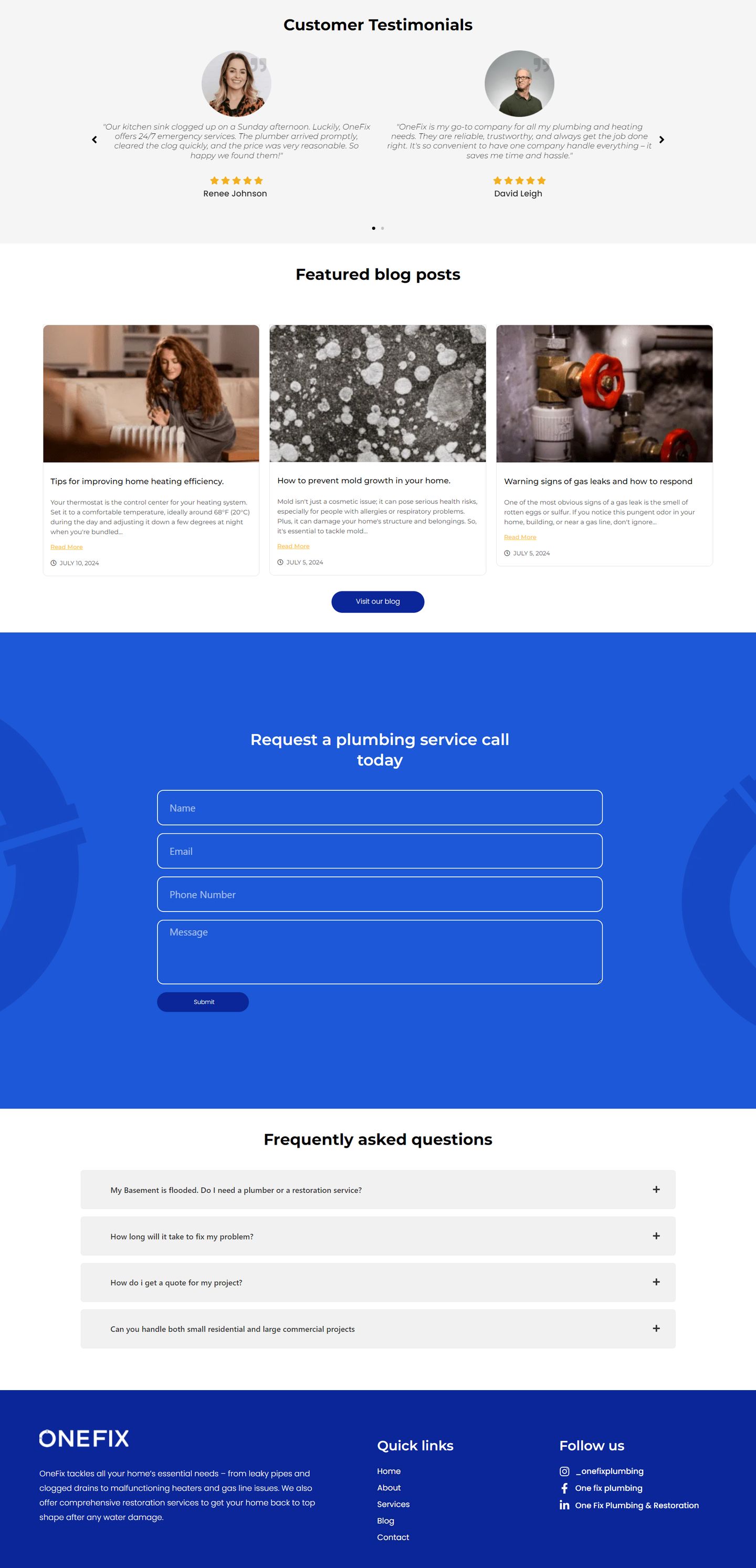 OneFix Plumbing Homepage page shown in a desktop frame